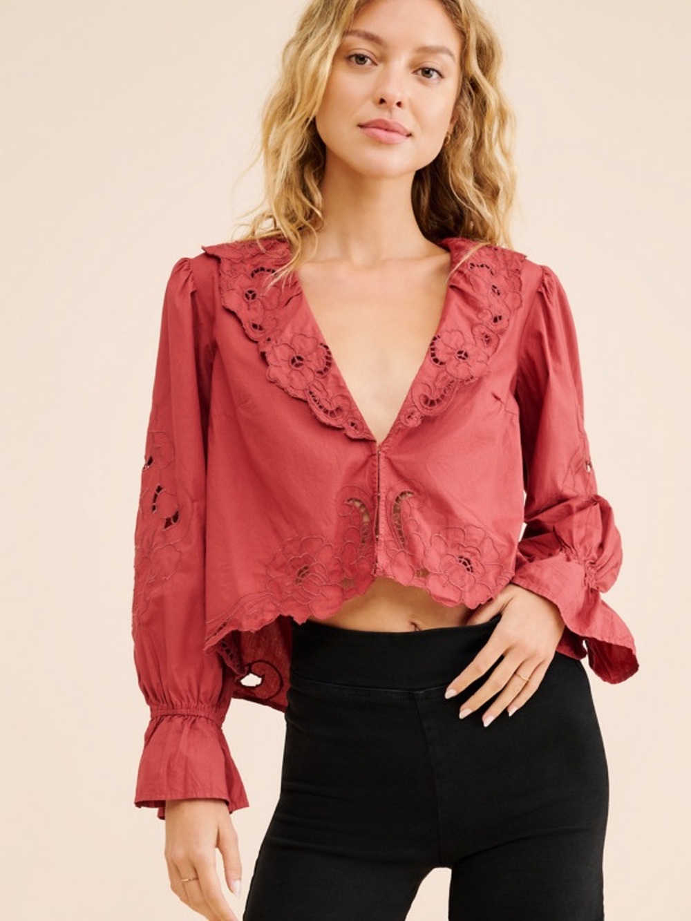 Free People Coral Red Maisie Cutwork Embroidered V-Neck Blouse, Size XL, NWT